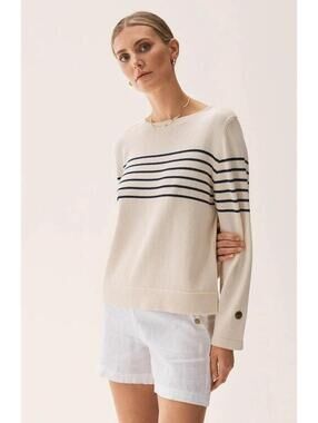 BUSNEL WOMENS ORGANIC COTTON STRIPED CARRIE SWEATER IN ECRU|MARINE-42|MEDIUM